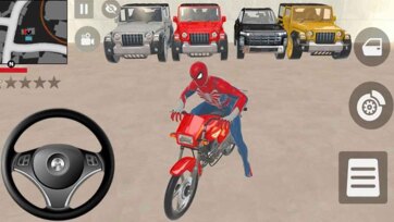 Spider Hero Rides a Red Motorcycle and Explores Fun Cars Driving Game