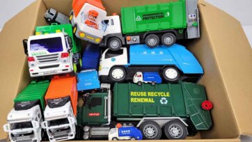 Colorful Toy Garbage Trucks in a Box - Kids Recycling Truck Storytime