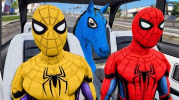 Spider Heroes and Blue Horse Ride Adventure Fun Kids Story in a Car