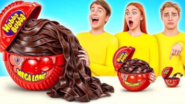 Giant Hubba Bubba Bubble Gum Race with Mega Long Candy Rolls